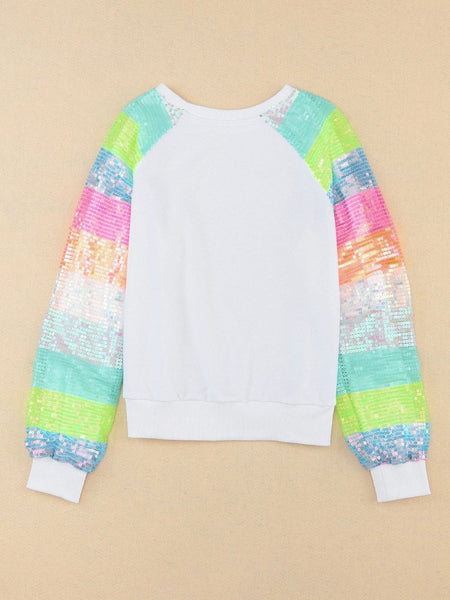 Women's White Sequin Color Block Casual Sweatshirt with Raglan Sleeves