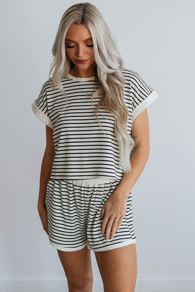 White Striped Casual Tee and Shorts Combo