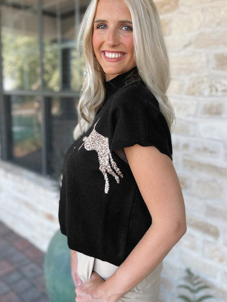Wild Black Cheetah Print High Neck Short Sleeve Sweater