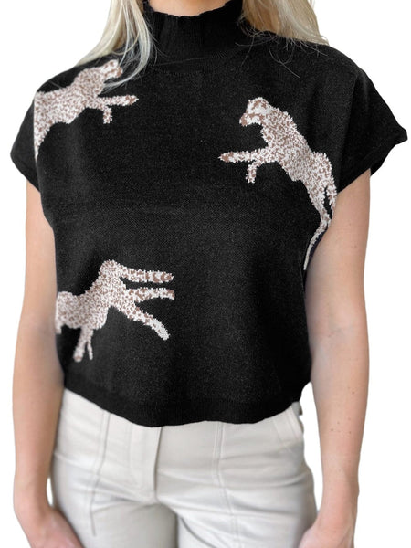 Wild Black Cheetah Print High Neck Short Sleeve Sweater