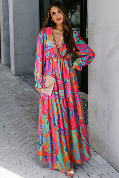 Fashion V Neck Printed Long Sleeve Midi Dress