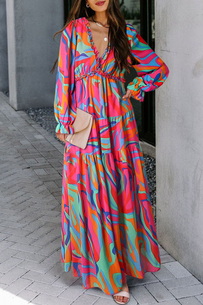 Fashion V Neck Printed Long Sleeve Midi Dress