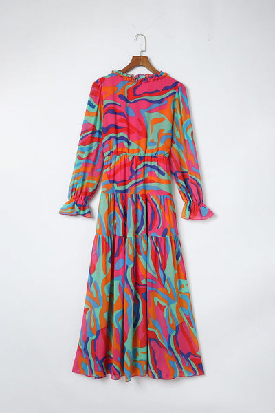 Women's Fashion Print V Neck Long Sleeve Midi Dress