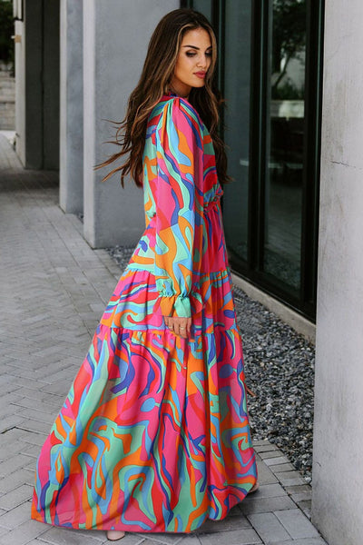 Women's Fashion Print V Neck Long Sleeve Midi Dress