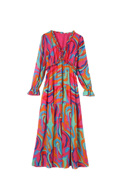 Women's Fashion Print V Neck Long Sleeve Midi Dress