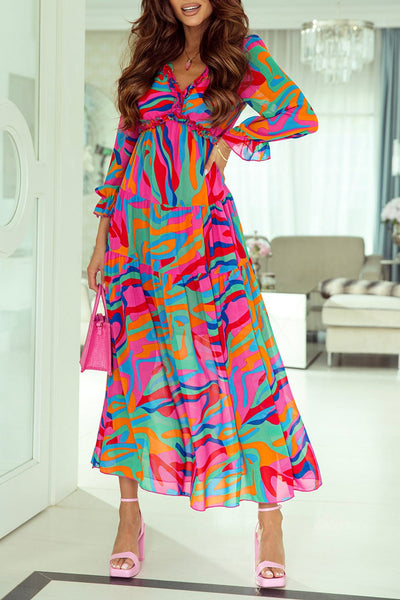 Temperament V-Neck Long Sleeve Flowy Dress