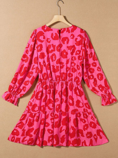 Wild Rose Leopard Print Flounce Sleeve Ruffle Mini Dress