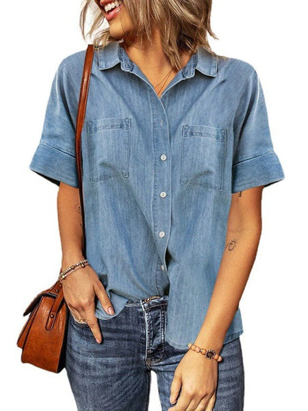 Women'S Solid Color V-Neck Denim Shirt With Short Sleeves