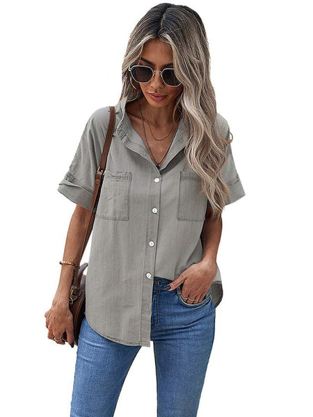 Women'S Solid Color V-Neck Denim Shirt With Short Sleeves