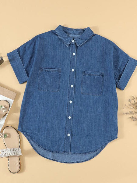 Women'S Solid Color V-Neck Denim Shirt With Short Sleeves