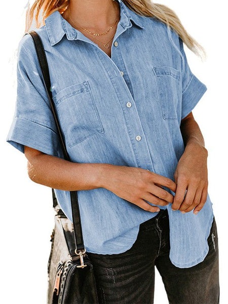 Women'S Solid Color V-Neck Denim Shirt With Short Sleeves