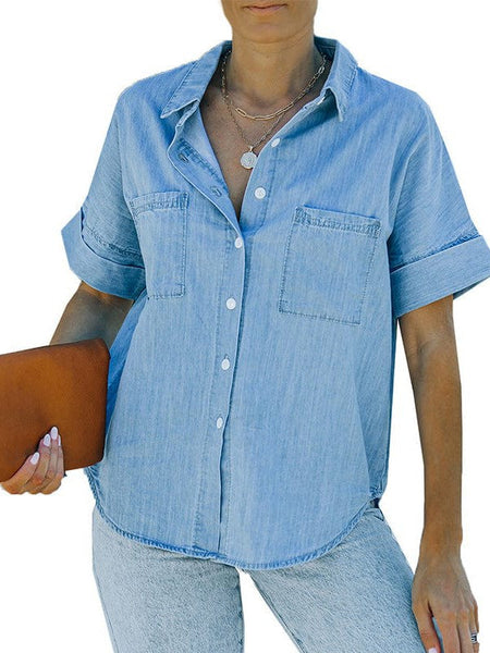 Women'S Solid Color V-Neck Denim Shirt With Short Sleeves