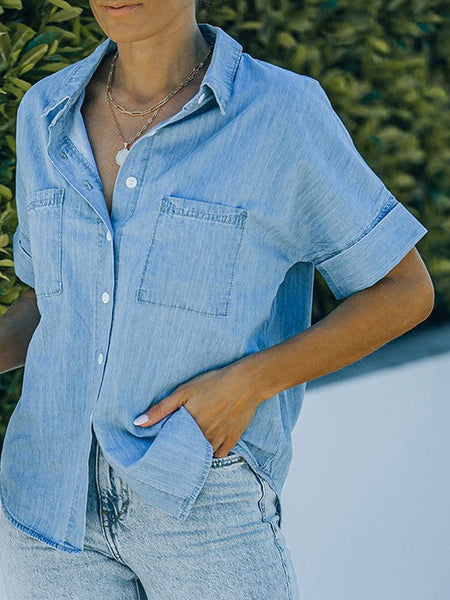 Women'S Solid Color V-Neck Denim Shirt With Short Sleeves