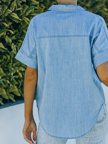 Women'S Solid Color V-Neck Denim Shirt With Short Sleeves