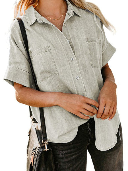 Women'S Solid Color V-Neck Denim Shirt With Short Sleeves