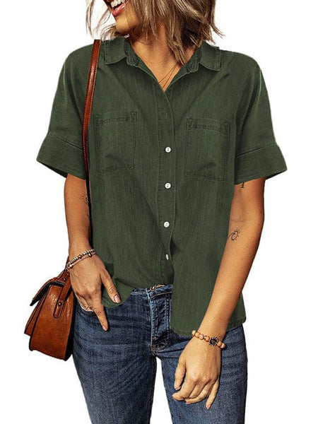 Women'S Solid Color V-Neck Denim Shirt With Short Sleeves