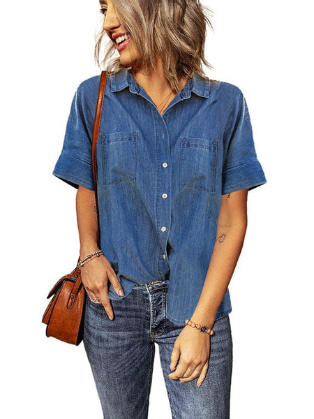 Women'S Solid Color V-Neck Denim Shirt With Short Sleeves
