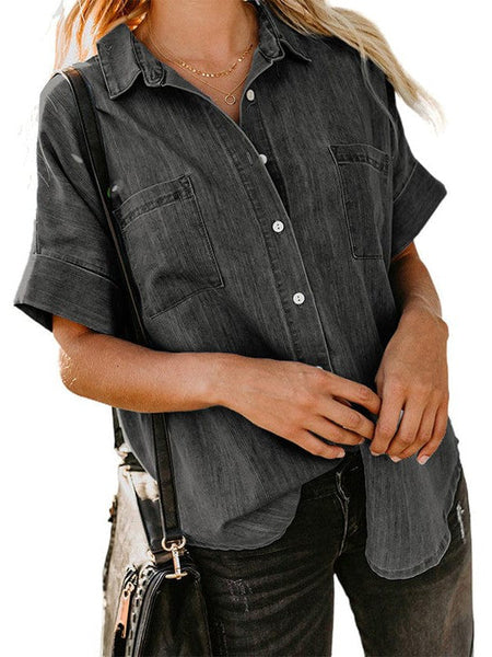 Women'S Solid Color V-Neck Denim Shirt With Short Sleeves