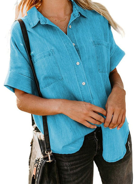Women'S Solid Color V-Neck Denim Shirt With Short Sleeves