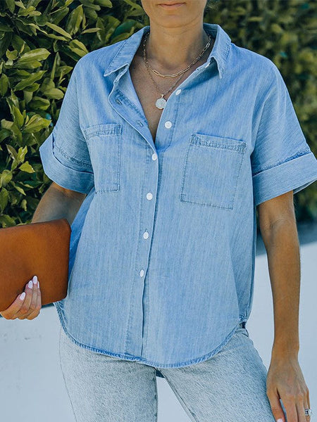 Women'S Solid Color V-Neck Denim Shirt With Short Sleeves