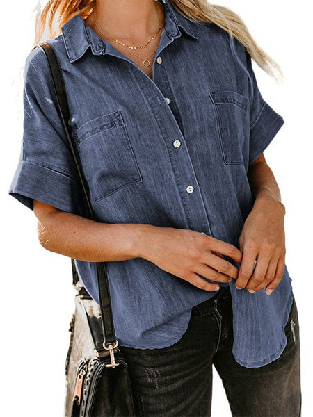 Women'S Solid Color V-Neck Denim Shirt With Short Sleeves