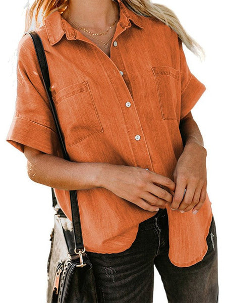 Women'S Solid Color V-Neck Denim Shirt With Short Sleeves