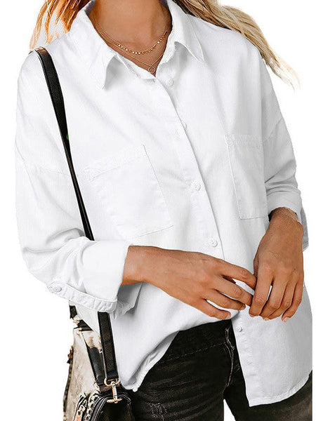 Women'S Solid Color V-Neck Denim Shirt With Short Sleeves