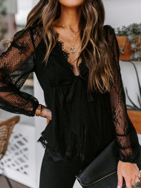 Women's Blouse Lace Embroidery Stitching Bow Tie Long Sleeves Blouse
