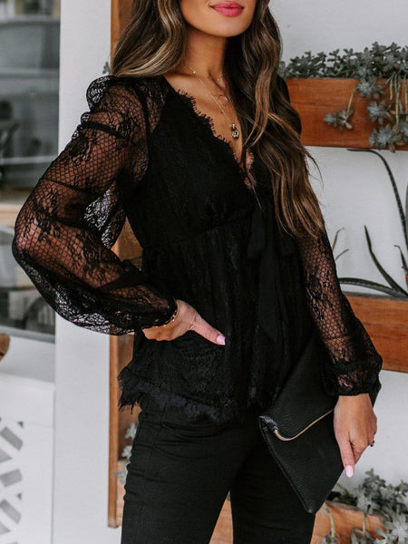 Women's Blouse Lace Embroidery Stitching Bow Tie Long Sleeves Blouse