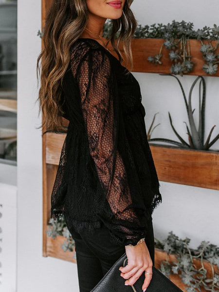 Women's Blouse Lace Embroidery Stitching Bow Tie Long Sleeves Blouse