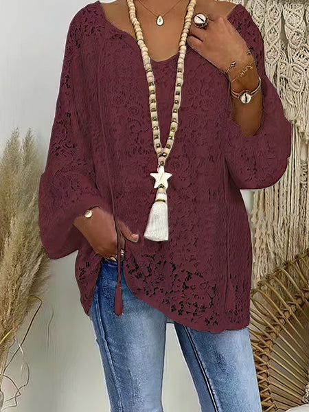 Women's Blouse White Floral Lace Long Sleeve Daily Vacation Streetwear Elegant Casual V Neck Plus Size L