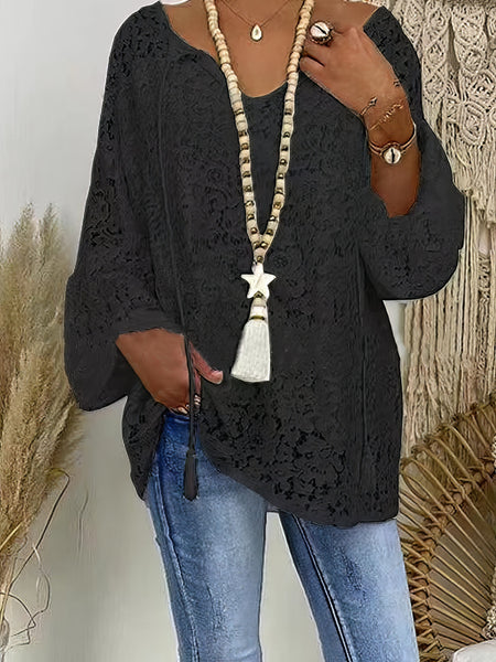 Women's Blouse White Floral Lace Long Sleeve Daily Vacation Streetwear Elegant Casual V Neck Plus Size L