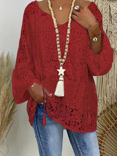 Women's Blouse White Floral Lace Long Sleeve Daily Vacation Streetwear Elegant Casual V Neck Plus Size L
