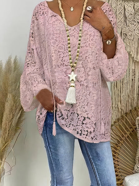 Women's Blouse White Floral Lace Long Sleeve Daily Vacation Streetwear Elegant Casual V Neck Plus Size L