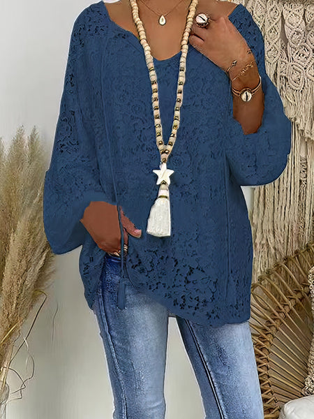Women's Blouse White Floral Lace Long Sleeve Daily Vacation Streetwear Elegant Casual V Neck Plus Size L