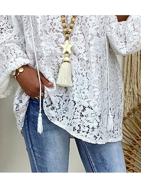 Women's Blouse White Floral Lace Long Sleeve Daily Vacation Streetwear Elegant Casual V Neck Plus Size L