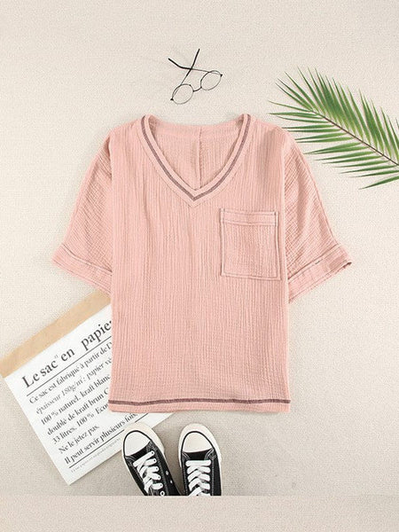 Women'S Casual Cotton V-Neck Pullover Shirt With Solid Color Half Sleeves