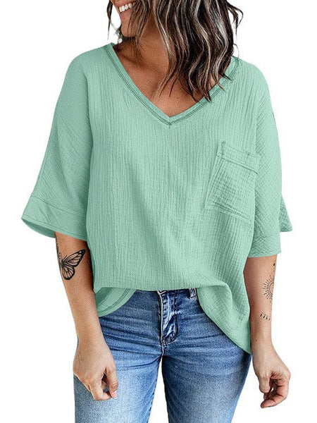 Women'S Casual Cotton V-Neck Pullover Shirt With Solid Color Half Sleeves