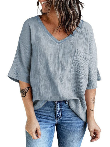 Women'S Casual Cotton V-Neck Pullover Shirt With Solid Color Half Sleeves