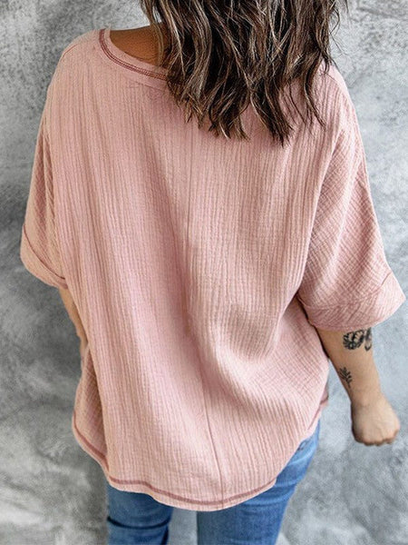 Cotton Gauze V-Neck Pocket Tunic Top in Orchid Pink with practical styling and dependable silhouette control.