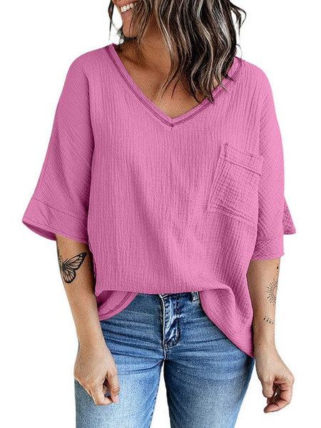 Cotton Gauze V-Neck Pocket Tunic Top in Orchid Pink with practical styling and dependable silhouette control.