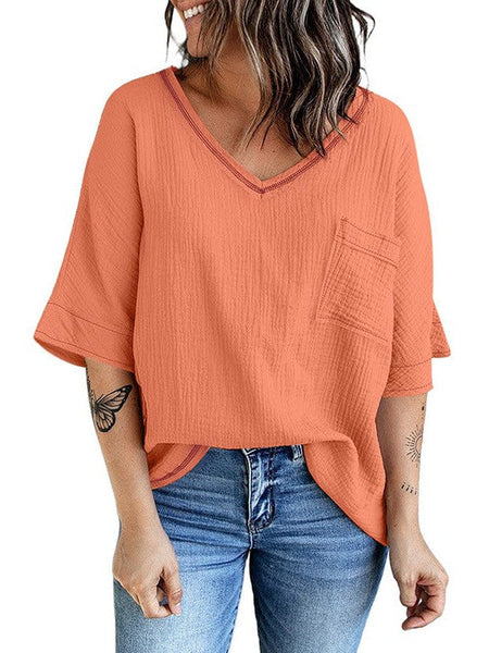 Cotton Gauze V-Neck Pocket Tunic Top in Orchid Pink with practical styling and dependable silhouette control.