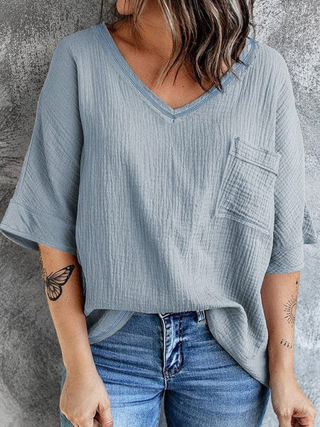 Women'S Casual Cotton V-Neck Pullover Shirt With Solid Color Half Sleeves