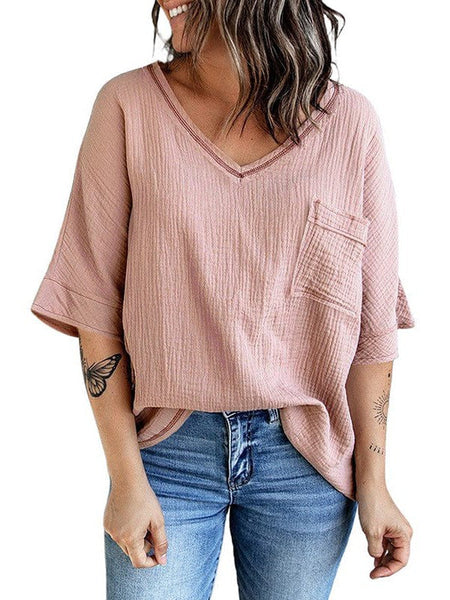 Cotton Gauze V-Neck Pocket Tunic Top in Orchid Pink with practical styling and dependable silhouette control.
