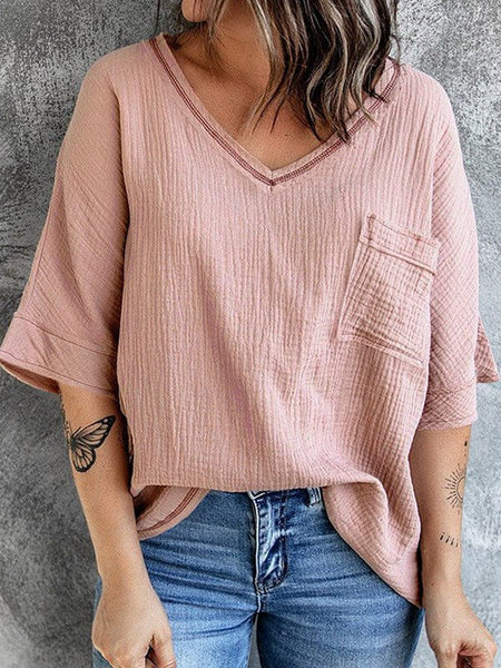 Cotton Gauze V-Neck Pocket Tunic Top in Orchid Pink with practical styling and dependable silhouette control.