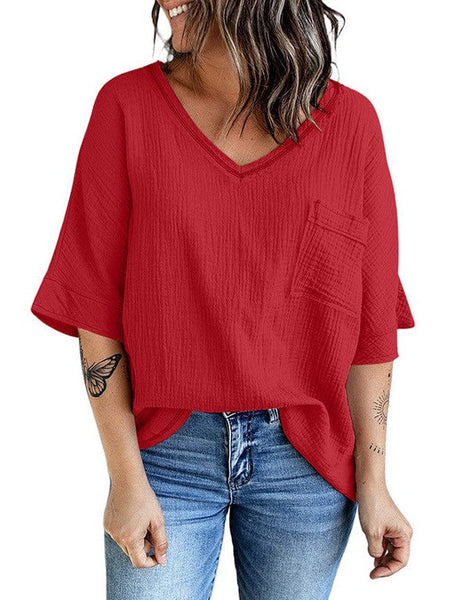 Women'S Casual Cotton V-Neck Pullover Shirt With Solid Color Half Sleeves