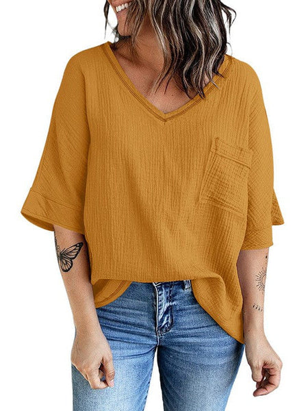 Women'S Casual Cotton V-Neck Pullover Shirt With Solid Color Half Sleeves