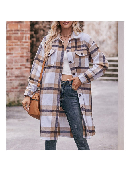 Women's casual flannel plaid shirt long coat