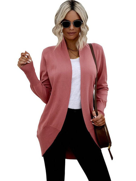 Women'S Casual Mid-Length Solid Color Cardigan Jacket With Long Sleeves