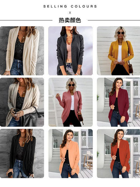 Women'S Casual Mid-Length Solid Color Cardigan Jacket With Long Sleeves